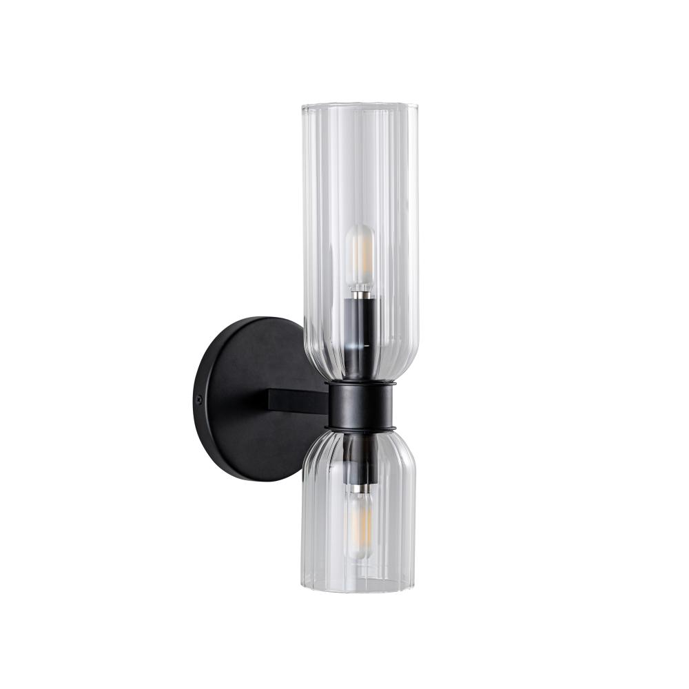 Moru - 2 Light Wall Sconce in Black with Clear Ribbed  Glass